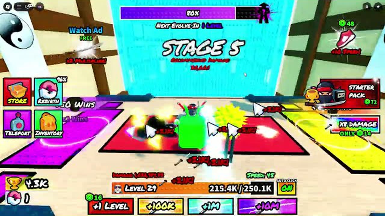 Stage 5 arena in +1 Katana Evolution with Store, Rebirth, Teleport, and combat HUD